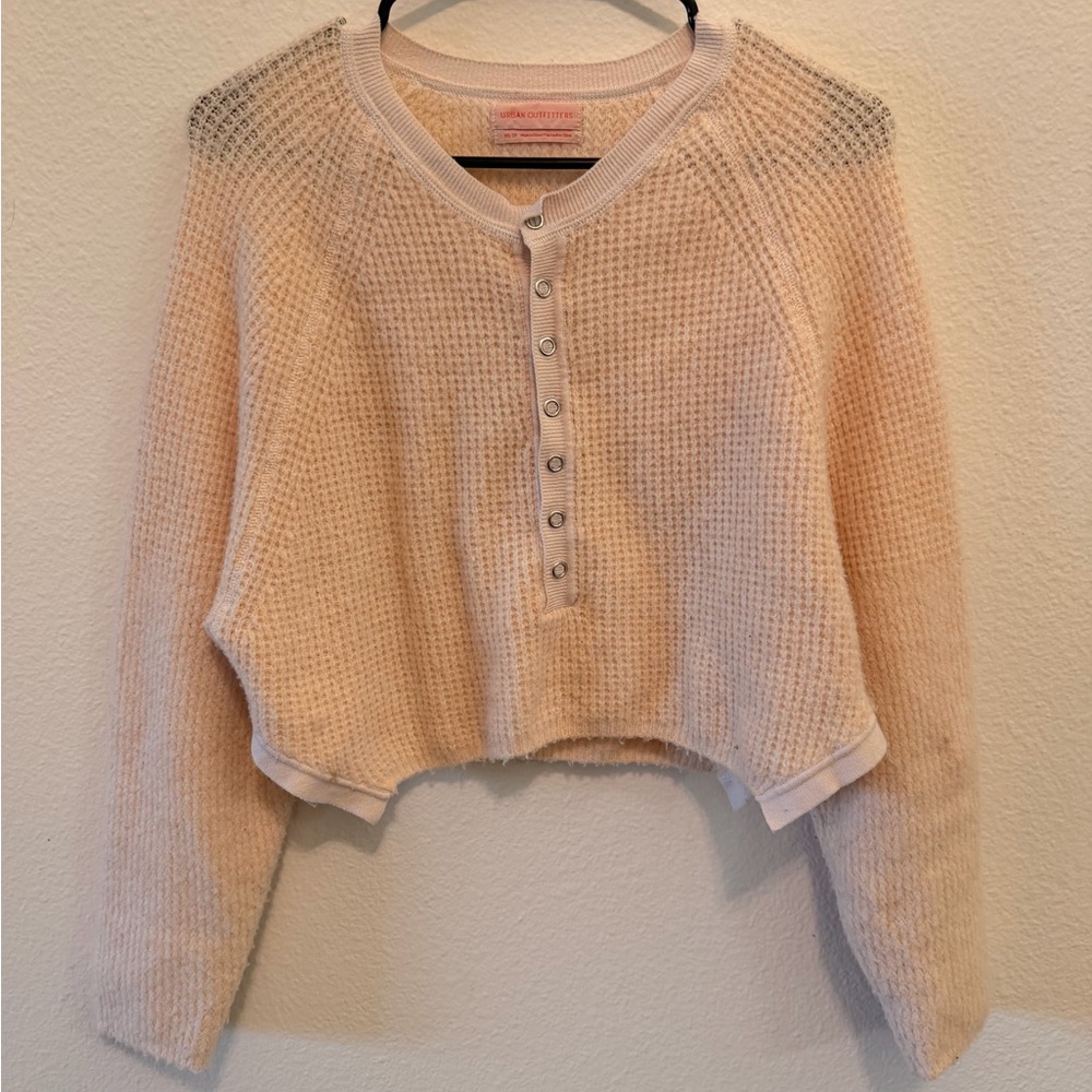Urban Outfitters Cream Waffle-Knit Snap-Front Cropped Sweater